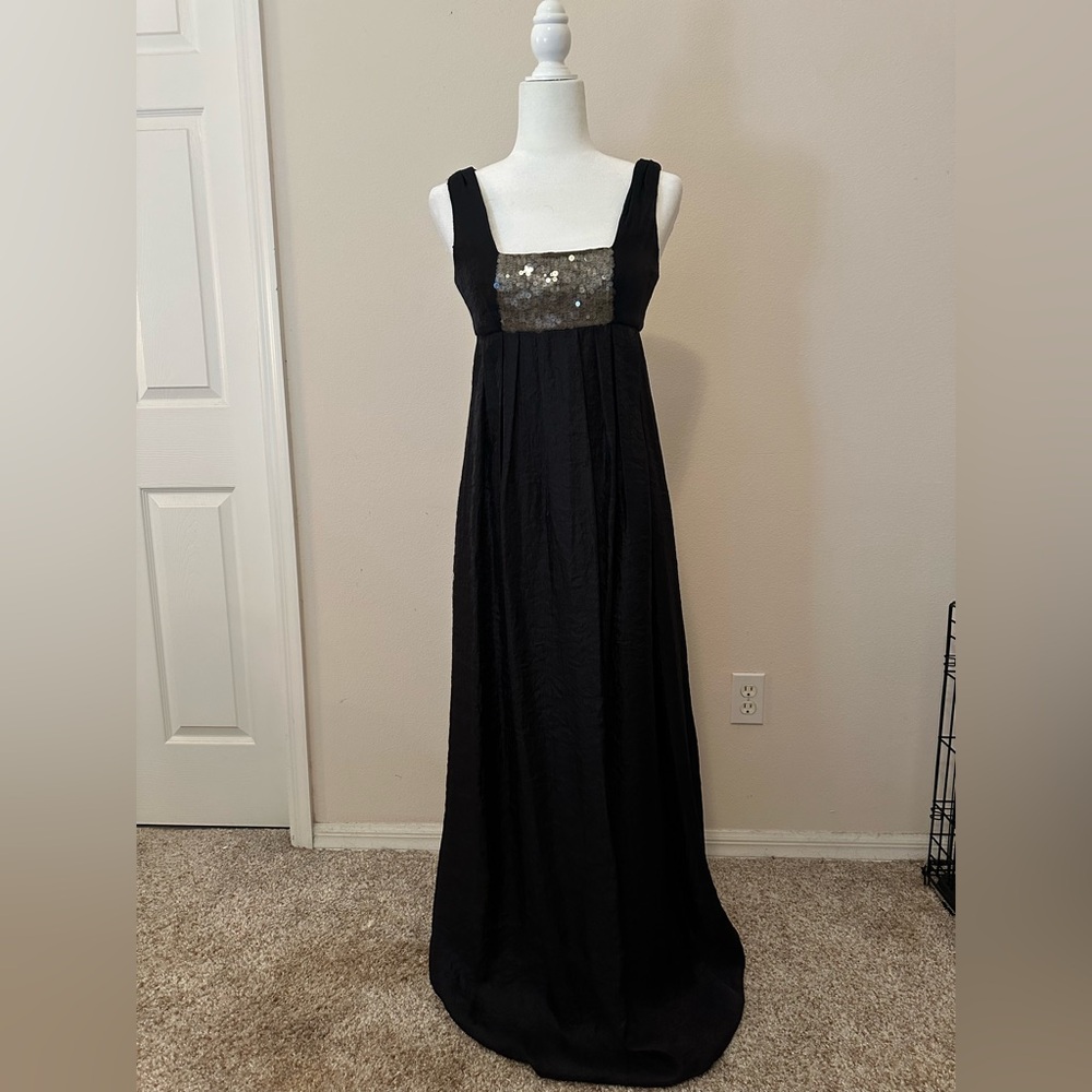 Vera Wang Black Empire Waist Sequin Dress Sz 2 Square Neck 90s Whimsigoth Y2K